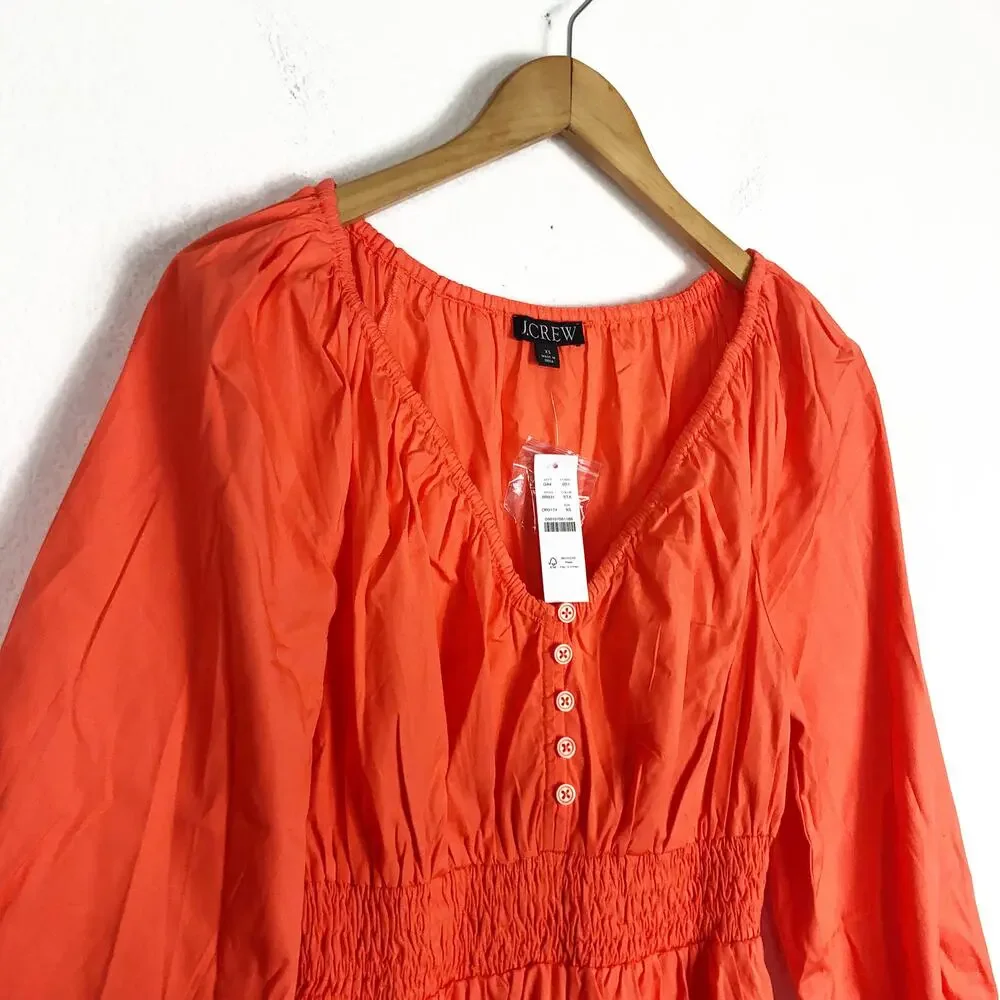 NWT J. CREW Orange Cotton Poplin V Neck Smocked Waist Midi Dress Size XS Boho